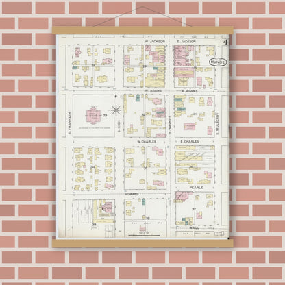 Old map wall art mockup — magnetic wood frame on brick wall — Sanborn Fire Insurance Map from Muncie, Delaware County, Indiana (1887), Sheet #0004