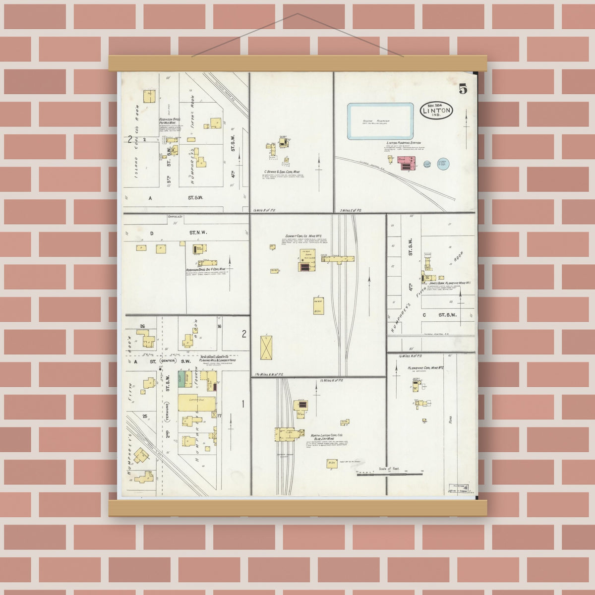 Old map wall art mockup — magnetic wood frame on brick wall — Sanborn Fire Insurance Map from Linton, Greene County, Indiana (1904), Sheet #0005