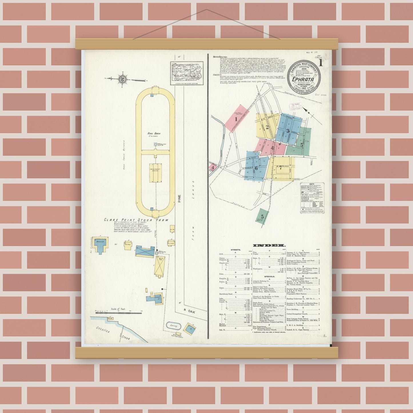 Old map wall art mockup — magnetic wood frame on brick wall — Sanborn Fire Insurance Map from Ephrata, Lancaster County, Pennsylvania (1912) - Complete Map Set