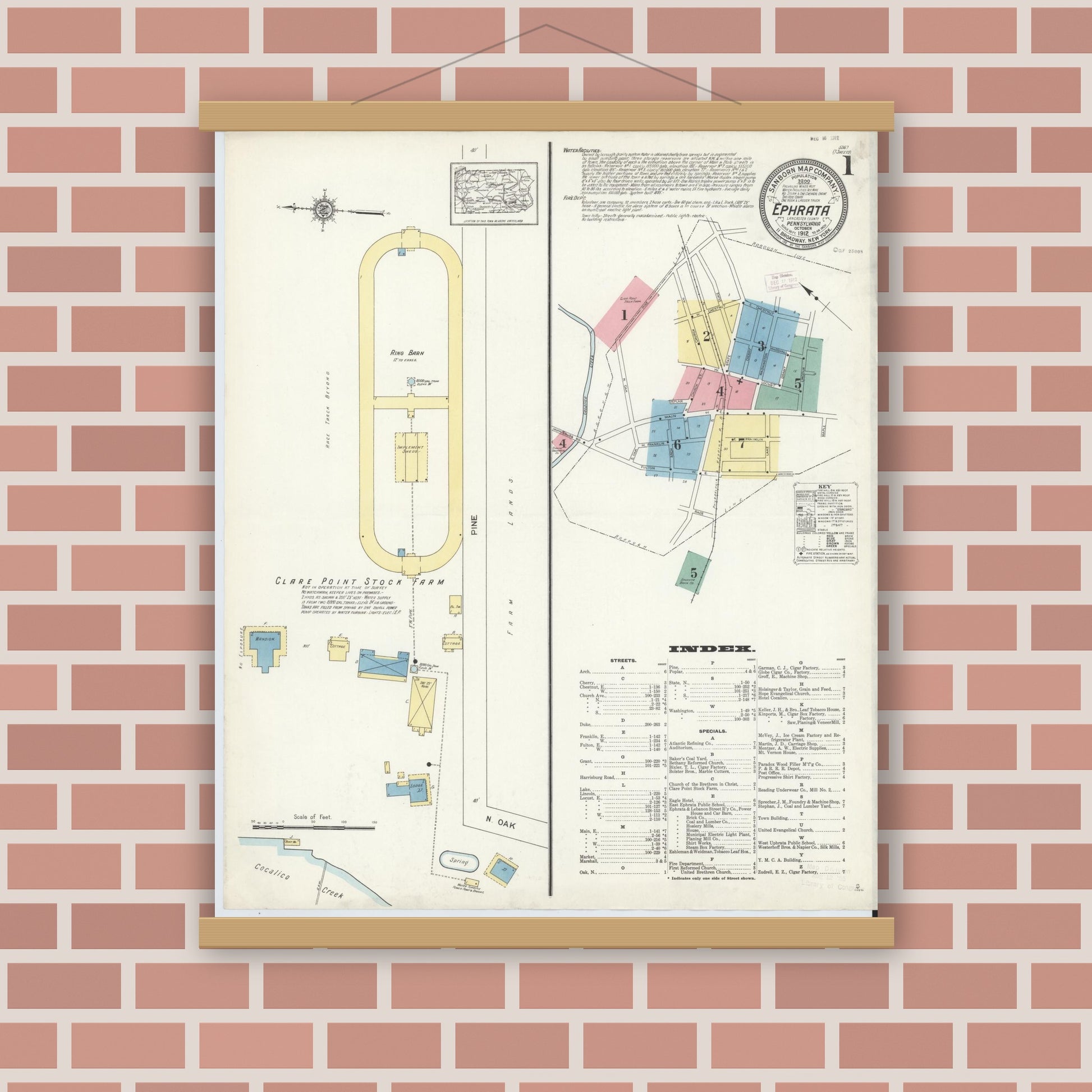 Old map wall art mockup — magnetic wood frame on brick wall — Sanborn Fire Insurance Map from Ephrata, Lancaster County, Pennsylvania (1912) - Complete Map Set