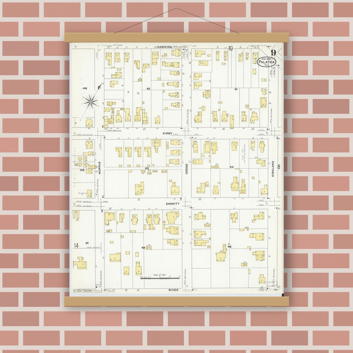 Old map wall art mockup — magnetic wood frame on brick wall — Sanborn Fire Insurance Map from Palatka, Putnam County, Florida (1909), Sheet #0009