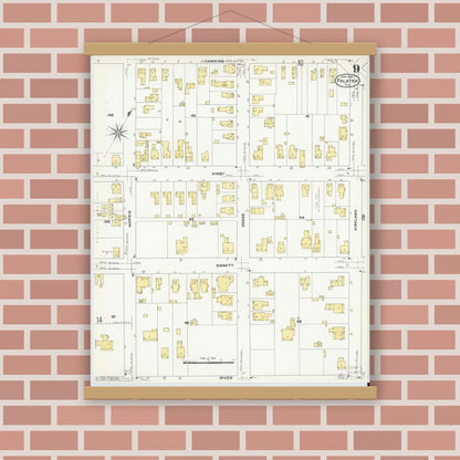 Old map wall art mockup — magnetic wood frame on brick wall — Sanborn Fire Insurance Map from Palatka, Putnam County, Florida (1909), Sheet #0009