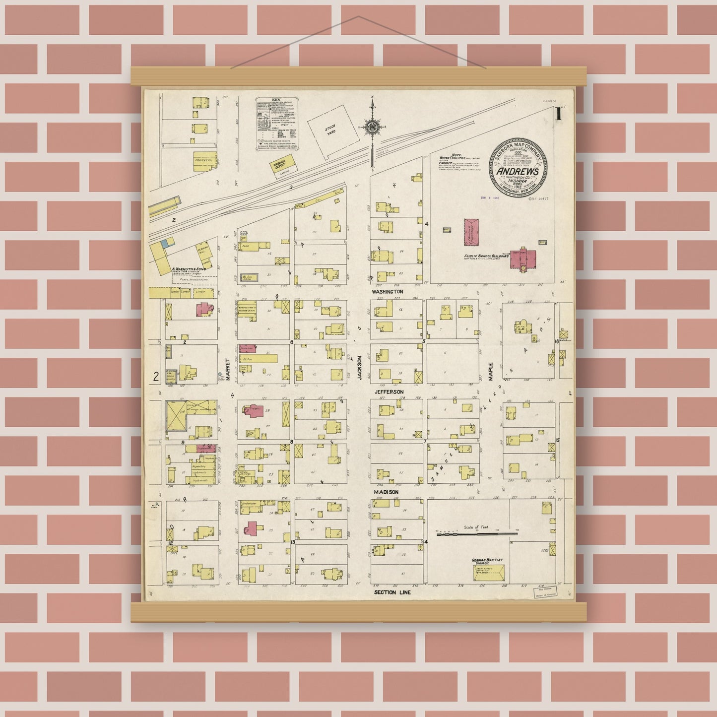 Old map wall art mockup — magnetic wood frame on brick wall — Sanborn Fire Insurance Map from Andrews, Huntington County, Indiana (1912), Sheet #0001
