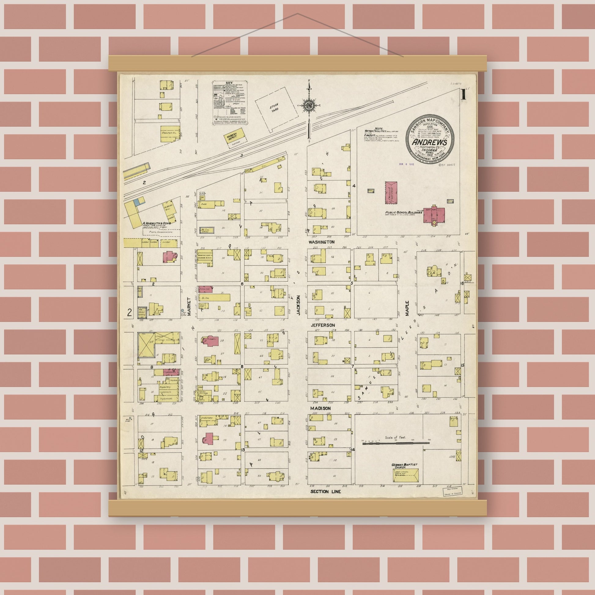 Old map wall art mockup — magnetic wood frame on brick wall — Sanborn Fire Insurance Map from Andrews, Huntington County, Indiana (1912), Sheet #0001