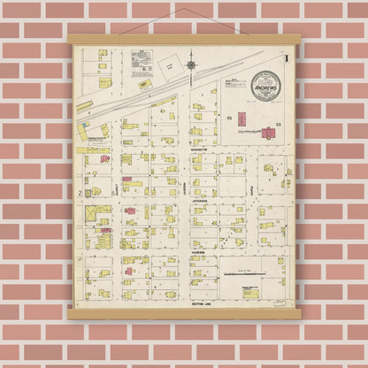Old map wall art mockup — magnetic wood frame on brick wall — Sanborn Fire Insurance Map from Andrews, Huntington County, Indiana (1912), Sheet #0001