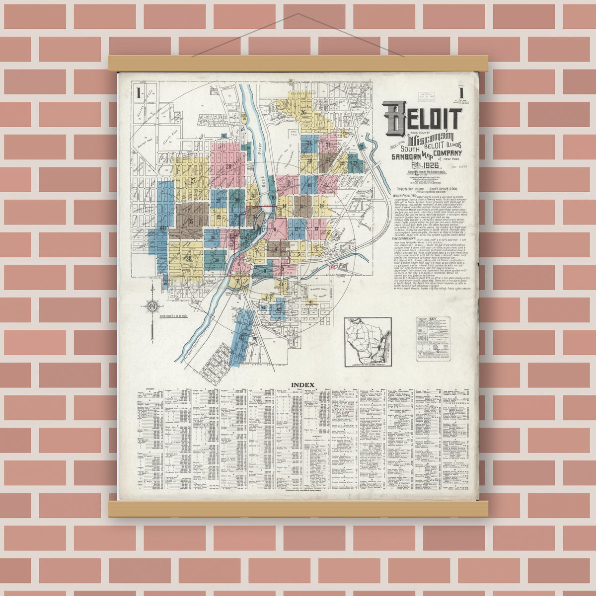Old map wall art mockup — magnetic wood frame on brick wall — Sanborn Fire Insurance Map from Beloit, Rock County, Wisconsin (1926) - Complete Map Set