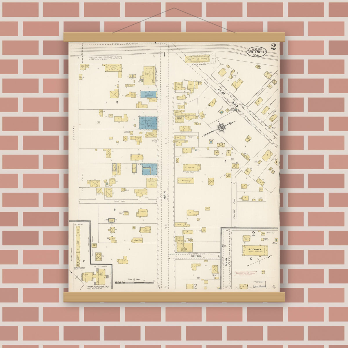 Old map wall art mockup — magnetic wood frame on brick wall — Sanborn Fire Insurance Map from Centerville, Alameda County, California (1913), Sheet #0002