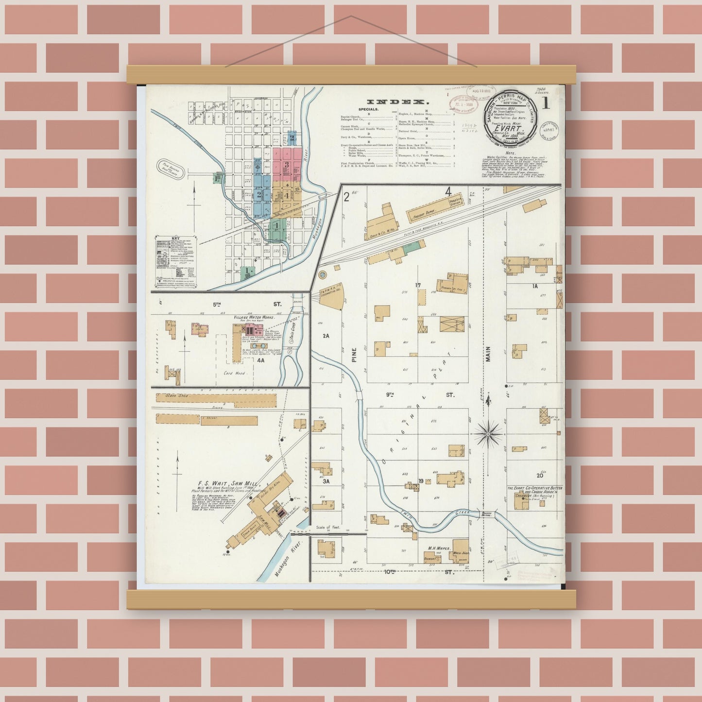 Old map wall art mockup — magnetic wood frame on brick wall — Sanborn Fire Insurance Map from Evart, Osceola County, Michigan (1899) - Complete Map Set