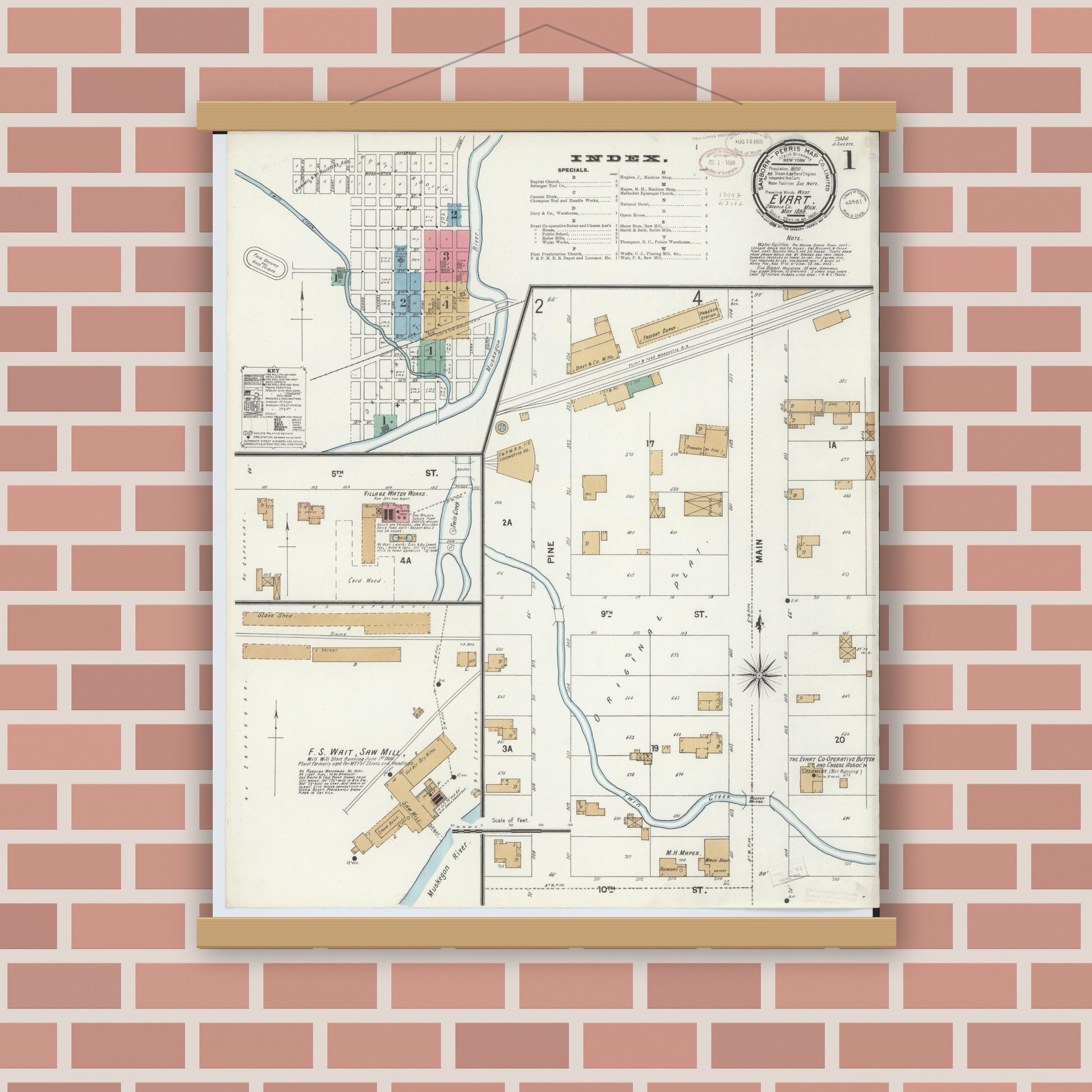 Old map wall art mockup — magnetic wood frame on brick wall — Sanborn Fire Insurance Map from Evart, Osceola County, Michigan (1899) - Complete Map Set