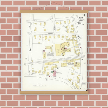 Old map wall art mockup — magnetic wood frame on brick wall — Sanborn Fire Insurance Map from Woburn, Middlesex County, Massachusetts (1910), Sheet #0015