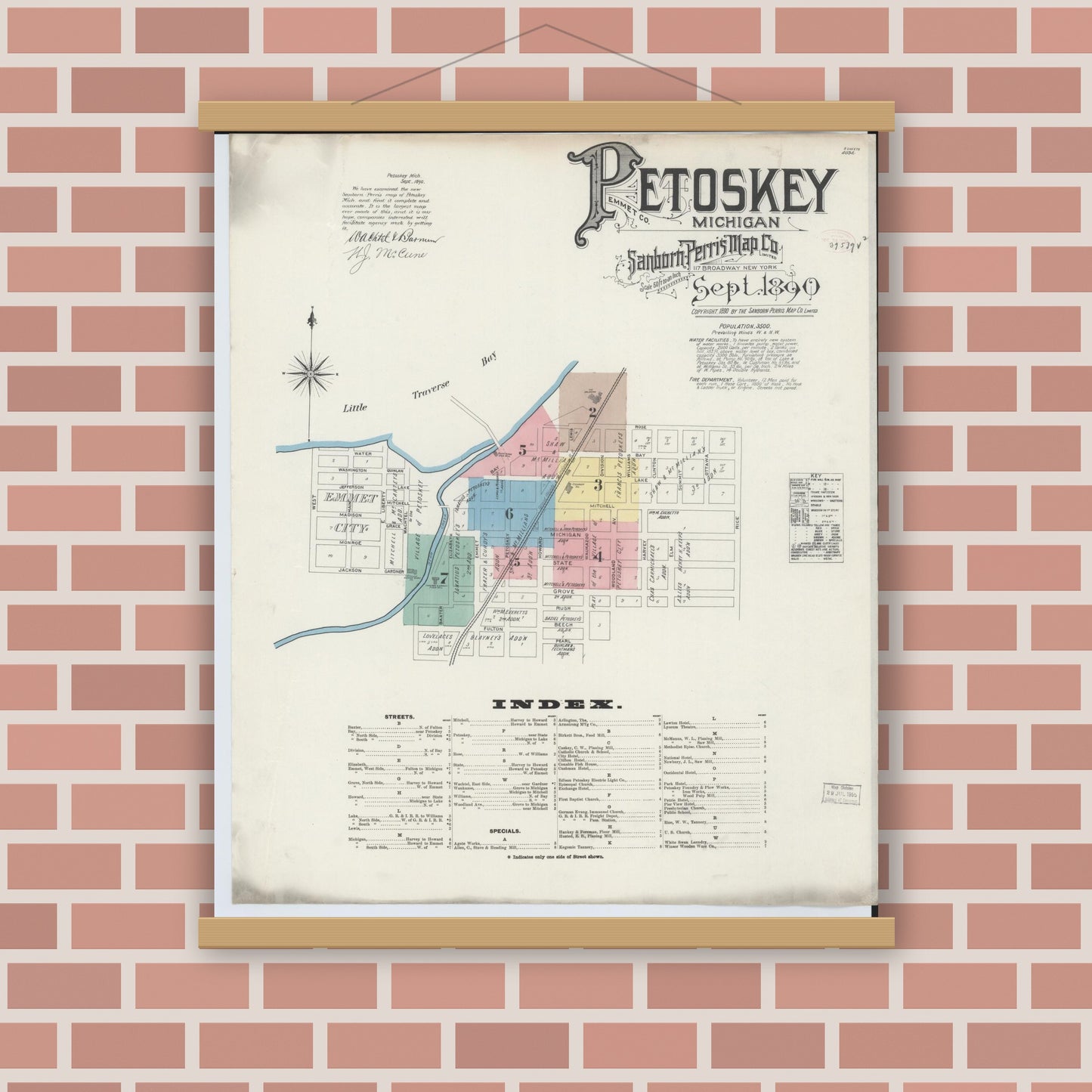 Old map wall art mockup — magnetic wood frame on brick wall — Sanborn Fire Insurance Map from Petoskey, Emmet County, Michigan (1890), Sheet #0001