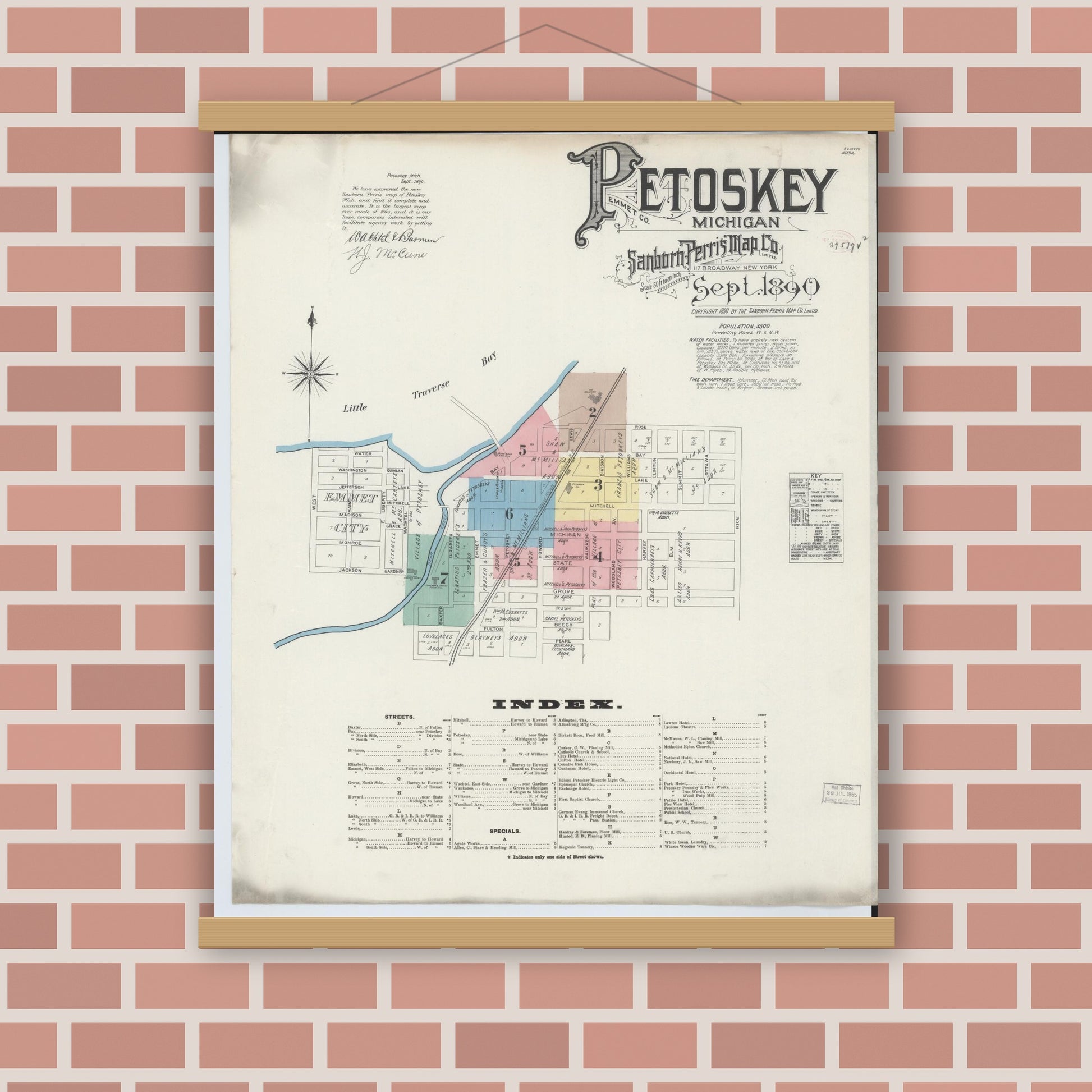 Old map wall art mockup — magnetic wood frame on brick wall — Sanborn Fire Insurance Map from Petoskey, Emmet County, Michigan (1890), Sheet #0001