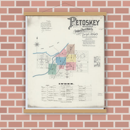 Old map wall art mockup — magnetic wood frame on brick wall — Sanborn Fire Insurance Map from Petoskey, Emmet County, Michigan (1890), Sheet #0001