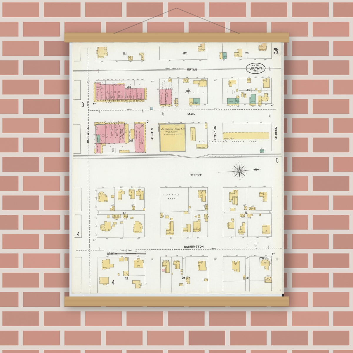 Old map wall art mockup — magnetic wood frame on brick wall — Sanborn Fire Insurance Map from Bryan, Brazos County, Texas (1901), Sheet #0005