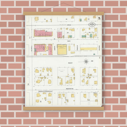 Old map wall art mockup — magnetic wood frame on brick wall — Sanborn Fire Insurance Map from Bryan, Brazos County, Texas (1901), Sheet #0005