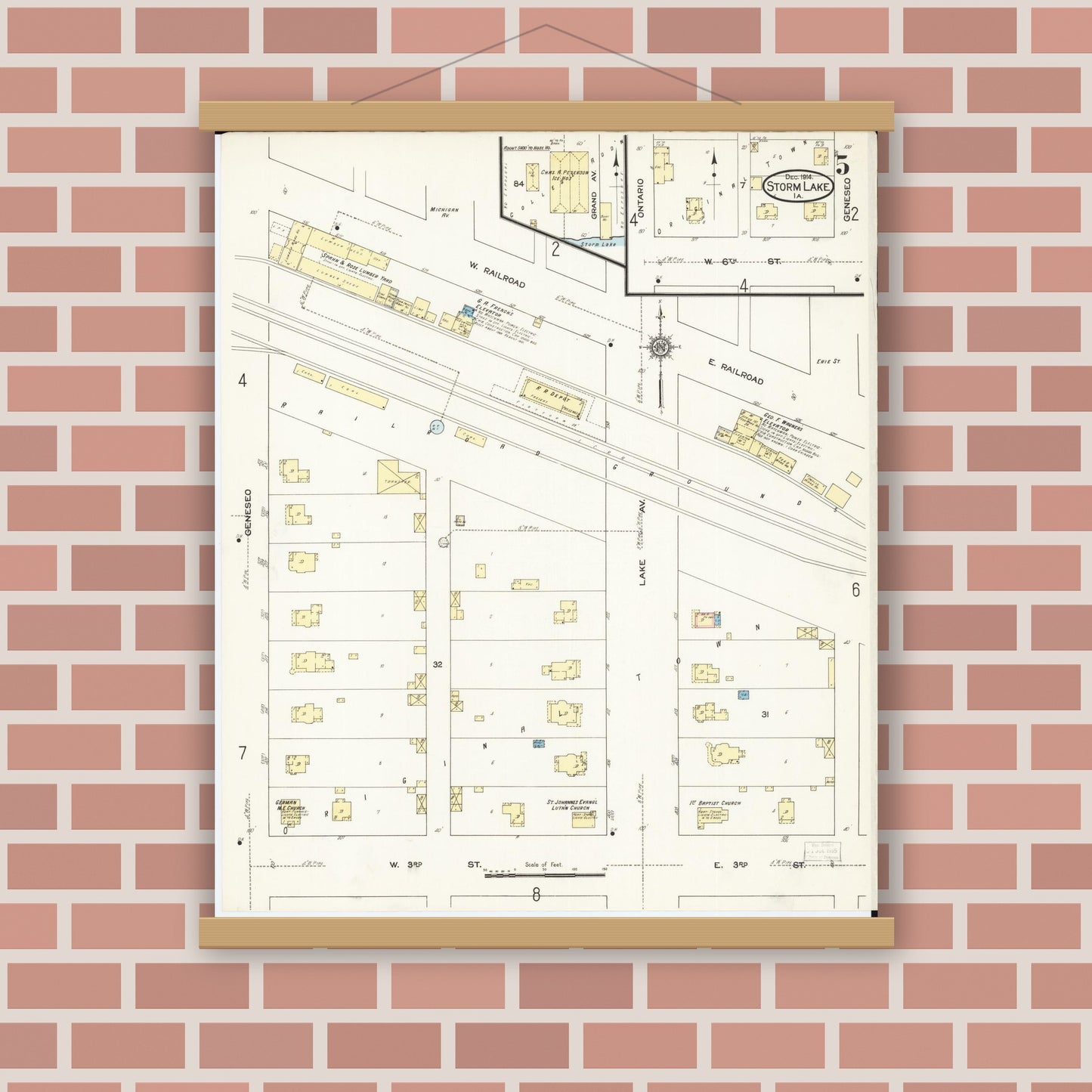 Old map wall art mockup — magnetic wood frame on brick wall — Sanborn Fire Insurance Map from Storm Lake, Buena Vista County, Iowa (1914), Sheet #0005