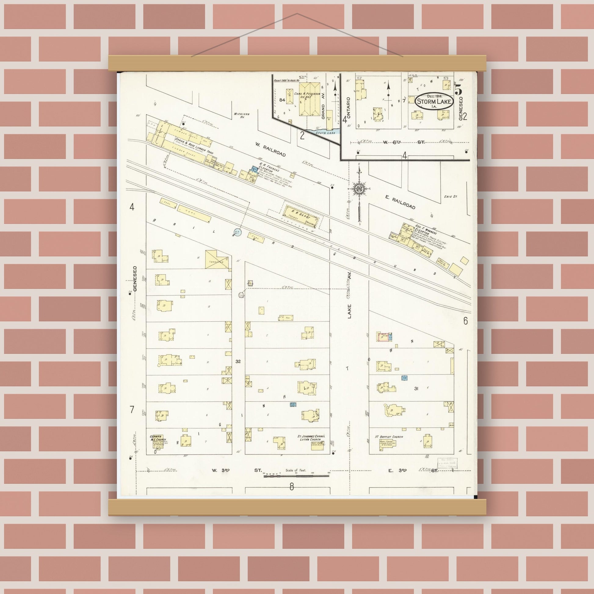Old map wall art mockup — magnetic wood frame on brick wall — Sanborn Fire Insurance Map from Storm Lake, Buena Vista County, Iowa (1914), Sheet #0005
