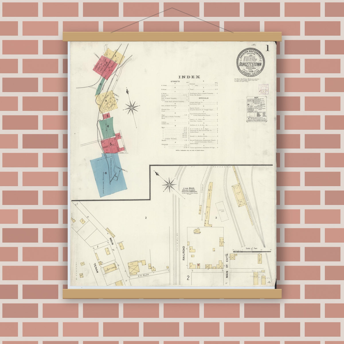 Old map wall art mockup — magnetic wood frame on brick wall — Sanborn Fire Insurance Map from Burgettstown, Washington County, Pennsylvania (1908), Sheet #0001