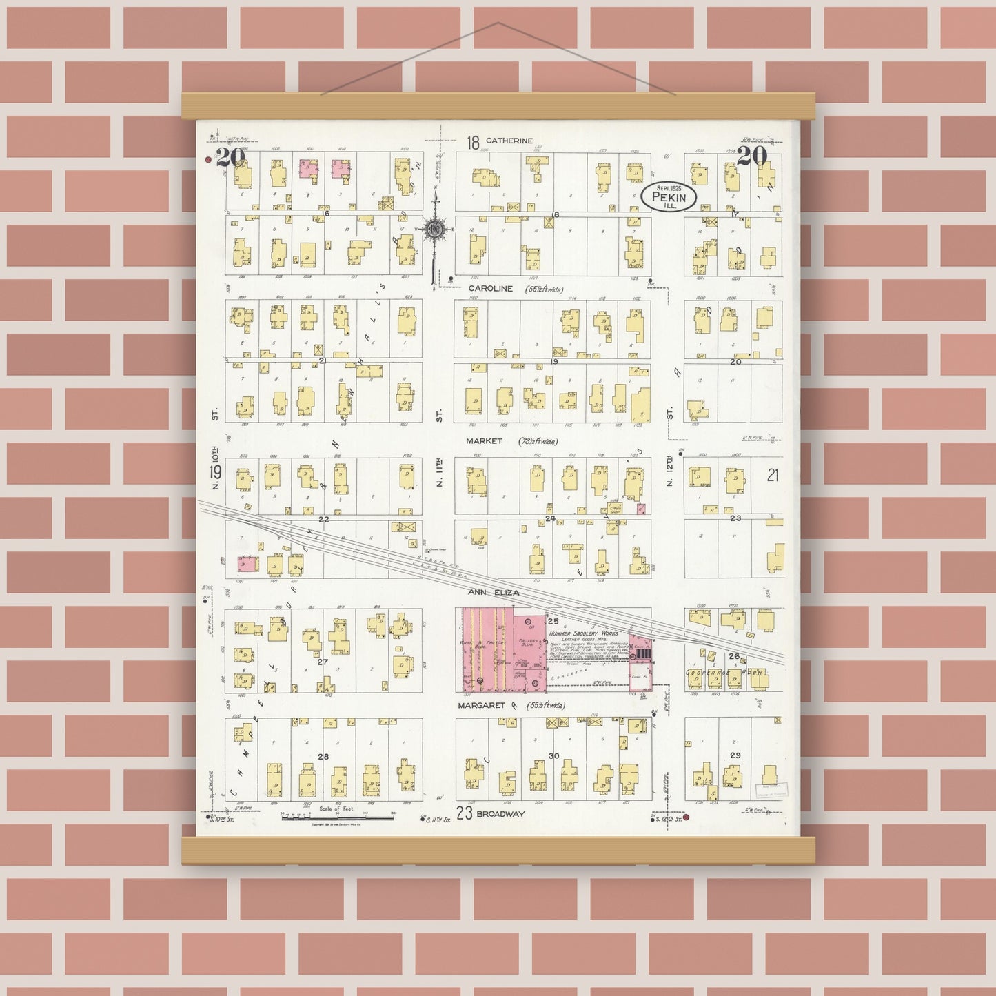 Old map wall art mockup — magnetic wood frame on brick wall — Sanborn Fire Insurance Map from Pekin, Tazewell County, Illinois (1925), Sheet #0020