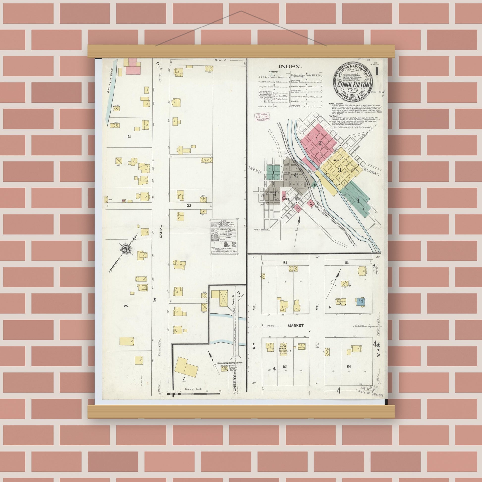 Old map wall art mockup — magnetic wood frame on brick wall — Sanborn Fire Insurance Map from Canal Fulton, Stark County, Ohio (1911), Sheet #0001