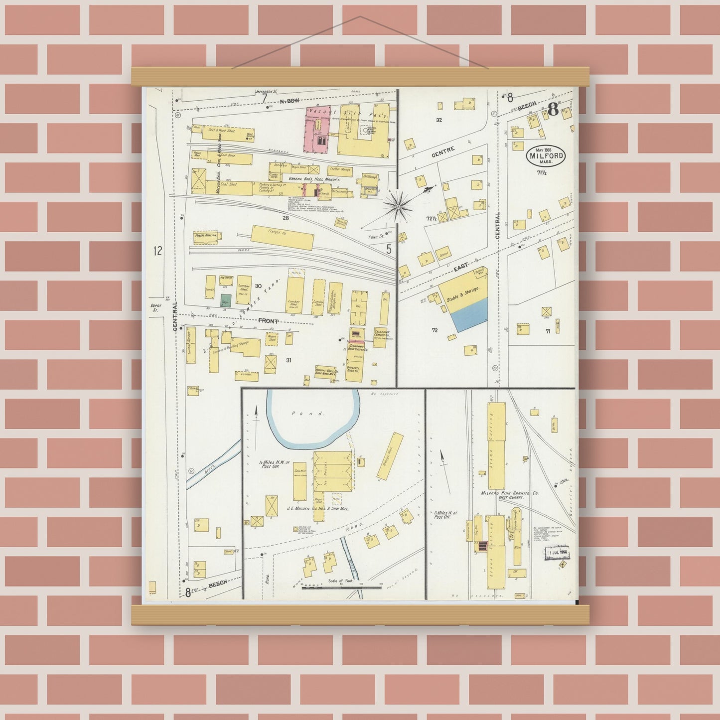 Old map wall art mockup — magnetic wood frame on brick wall — Sanborn Fire Insurance Map from Milford, Worcester County, Massachusetts (1903), Sheet #0008