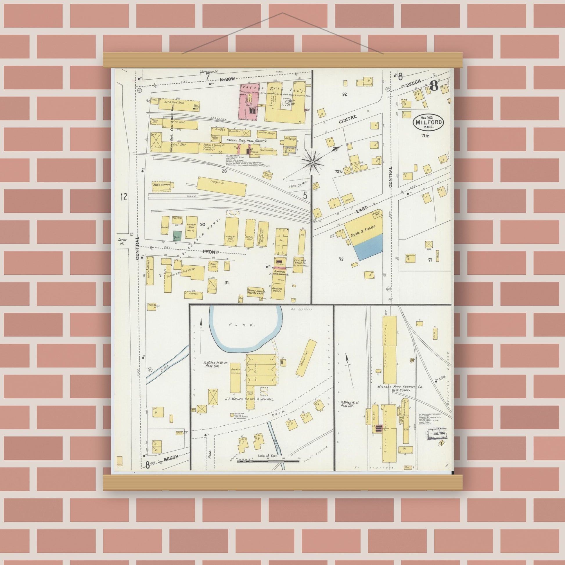 Old map wall art mockup — magnetic wood frame on brick wall — Sanborn Fire Insurance Map from Milford, Worcester County, Massachusetts (1903), Sheet #0008