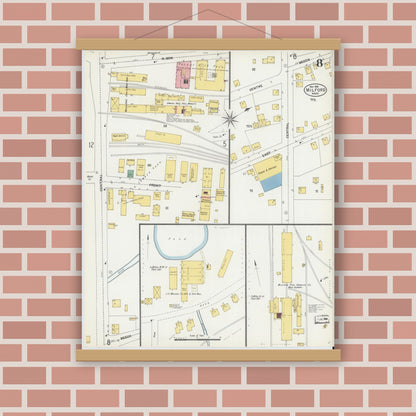 Old map wall art mockup — magnetic wood frame on brick wall — Sanborn Fire Insurance Map from Milford, Worcester County, Massachusetts (1903), Sheet #0008