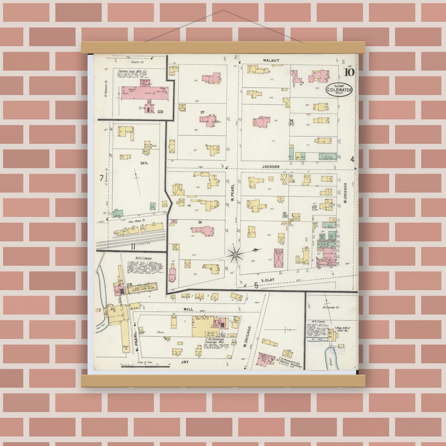 Old map wall art mockup — magnetic wood frame on brick wall — Sanborn Fire Insurance Map from Coldwater, Branch County, Michigan (1897), Sheet #0010