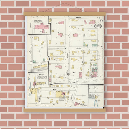 Old map wall art mockup — magnetic wood frame on brick wall — Sanborn Fire Insurance Map from Coldwater, Branch County, Michigan (1897), Sheet #0010