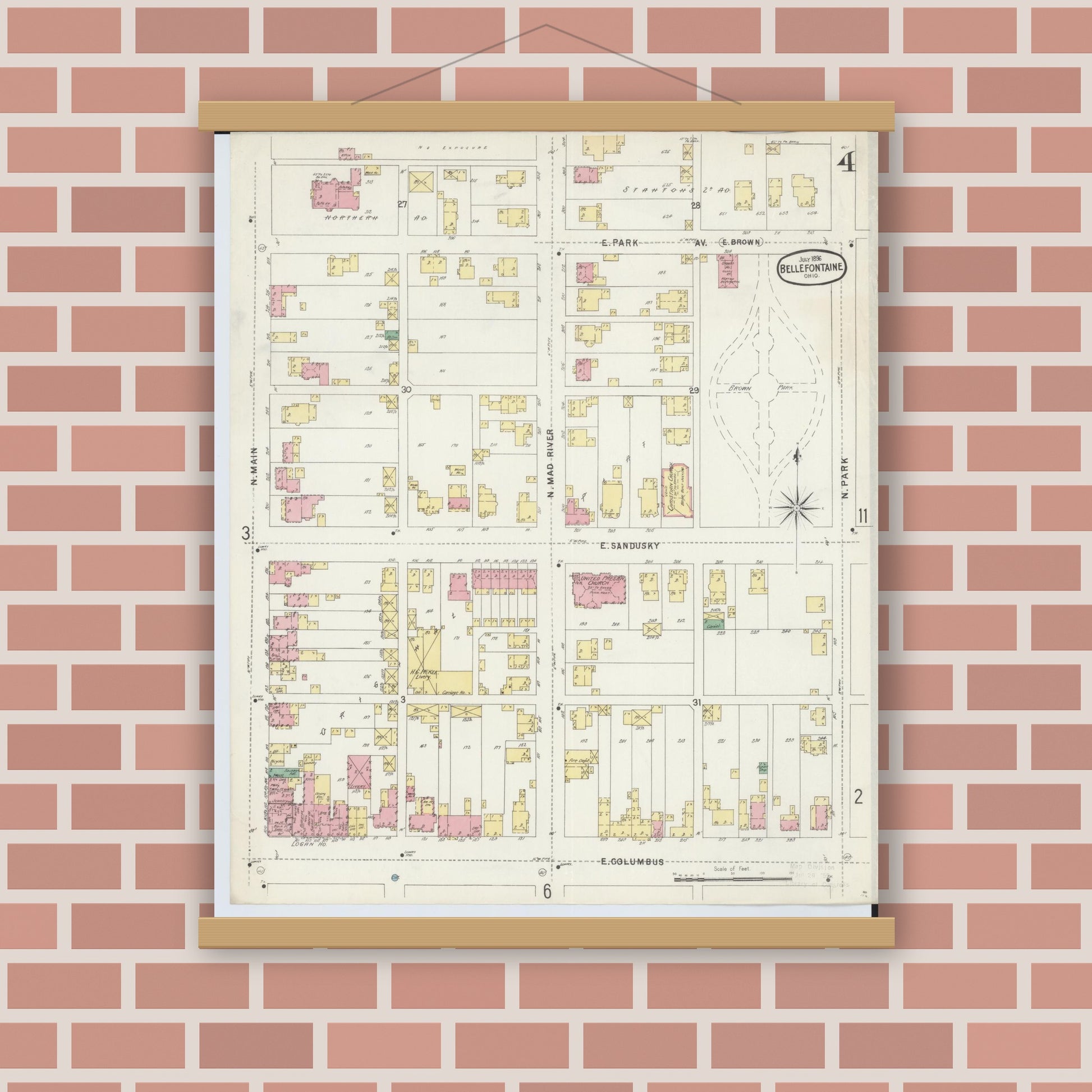 Old map wall art mockup — magnetic wood frame on brick wall — Sanborn Fire Insurance Map from Bellefontaine, Logan County, Ohio (1896), Sheet #0004