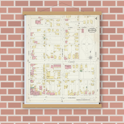 Old map wall art mockup — magnetic wood frame on brick wall — Sanborn Fire Insurance Map from Bellefontaine, Logan County, Ohio (1896), Sheet #0004