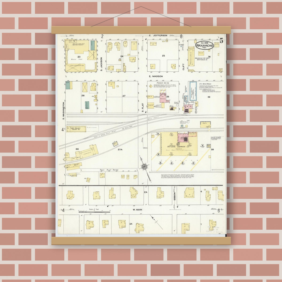 Old map wall art mockup — magnetic wood frame on brick wall — Sanborn Fire Insurance Map from Waxahachie, Ellis County, Texas (1909), Sheet #0005