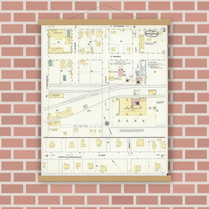 Old map wall art mockup — magnetic wood frame on brick wall — Sanborn Fire Insurance Map from Waxahachie, Ellis County, Texas (1909), Sheet #0005