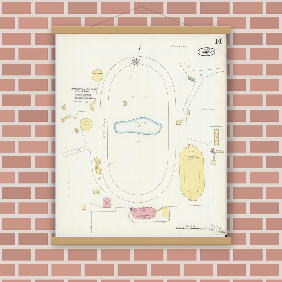 Old map wall art mockup — magnetic wood frame on brick wall — Sanborn Fire Insurance Map from Franklin, Venango County, Pennsylvania (1896), Sheet #0014