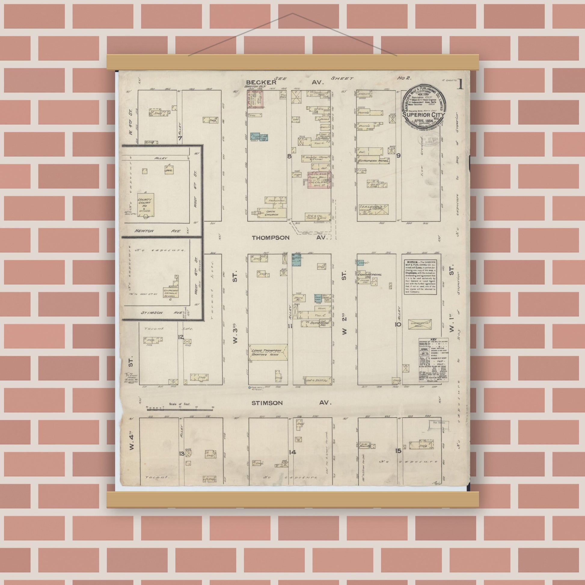 Old map wall art mockup — magnetic wood frame on brick wall — Sanborn Fire Insurance Map from Superior, Douglas County, Wisconsin (1884) - Complete Map Set