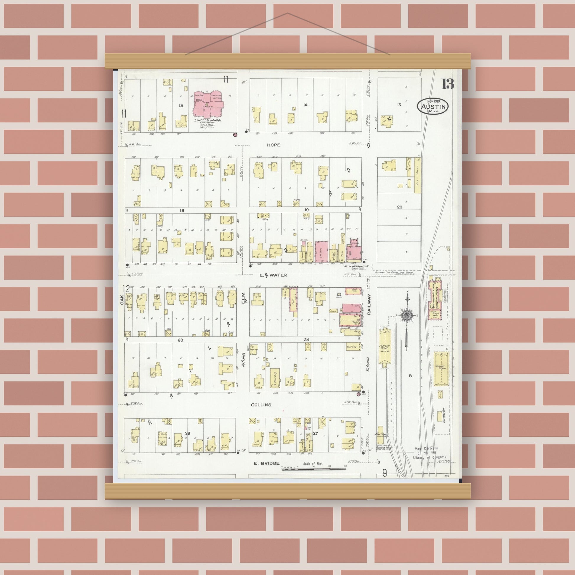 Old map wall art mockup — magnetic wood frame on brick wall — Sanborn Fire Insurance Map from Austin, Mower County, Minnesota (1910), Sheet #0013