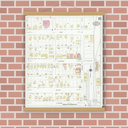 Old map wall art mockup — magnetic wood frame on brick wall — Sanborn Fire Insurance Map from Austin, Mower County, Minnesota (1910), Sheet #0013