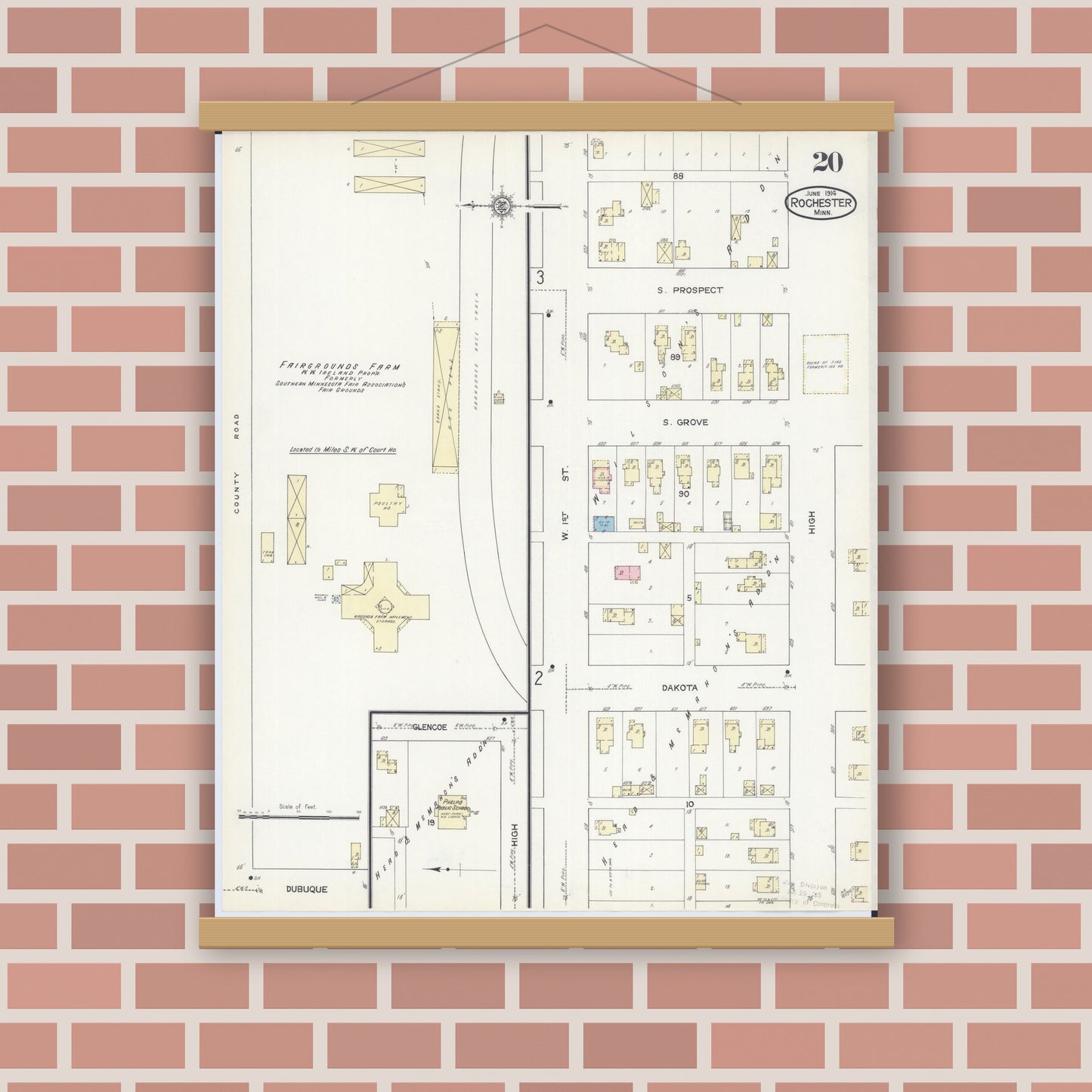 Old map wall art mockup — magnetic wood frame on brick wall — Sanborn Fire Insurance Map from Rochester, Olmsted County, Minnesota (1914), Sheet #0020