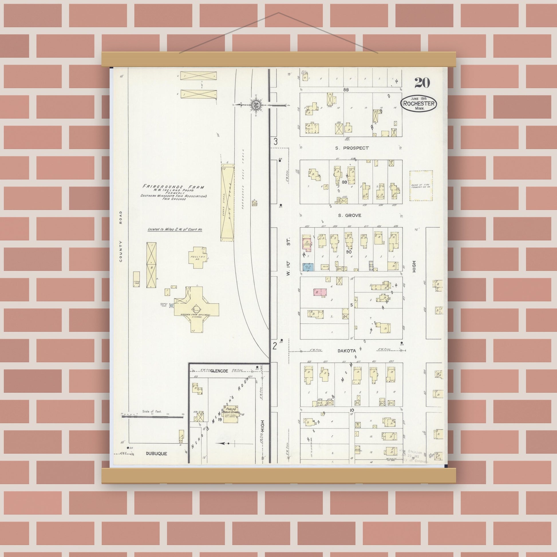 Old map wall art mockup — magnetic wood frame on brick wall — Sanborn Fire Insurance Map from Rochester, Olmsted County, Minnesota (1914), Sheet #0020