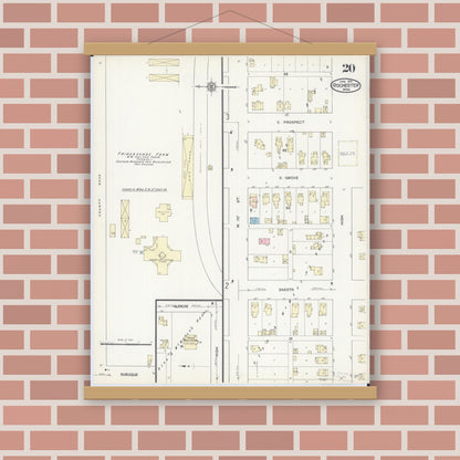 Old map wall art mockup — magnetic wood frame on brick wall — Sanborn Fire Insurance Map from Rochester, Olmsted County, Minnesota (1914), Sheet #0020