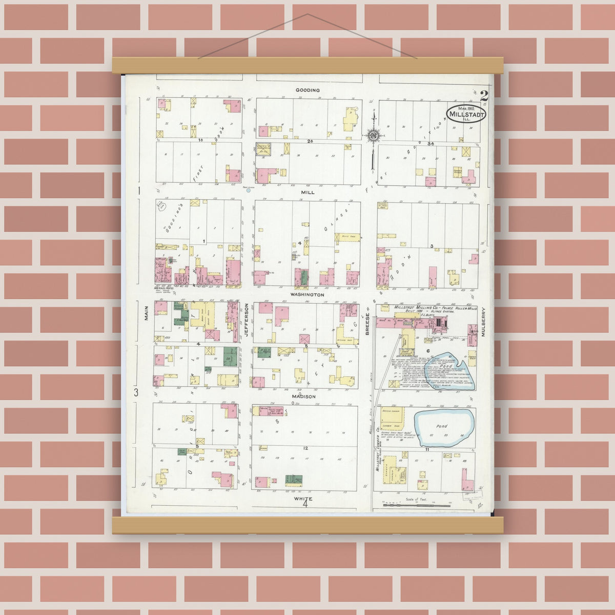 Old map wall art mockup — magnetic wood frame on brick wall — Sanborn Fire Insurance Map from Millstadt, Saint Clair County, Illinois (1910), Sheet #0002