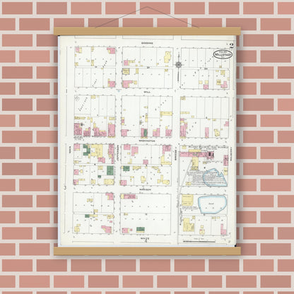 Old map wall art mockup — magnetic wood frame on brick wall — Sanborn Fire Insurance Map from Millstadt, Saint Clair County, Illinois (1910), Sheet #0002