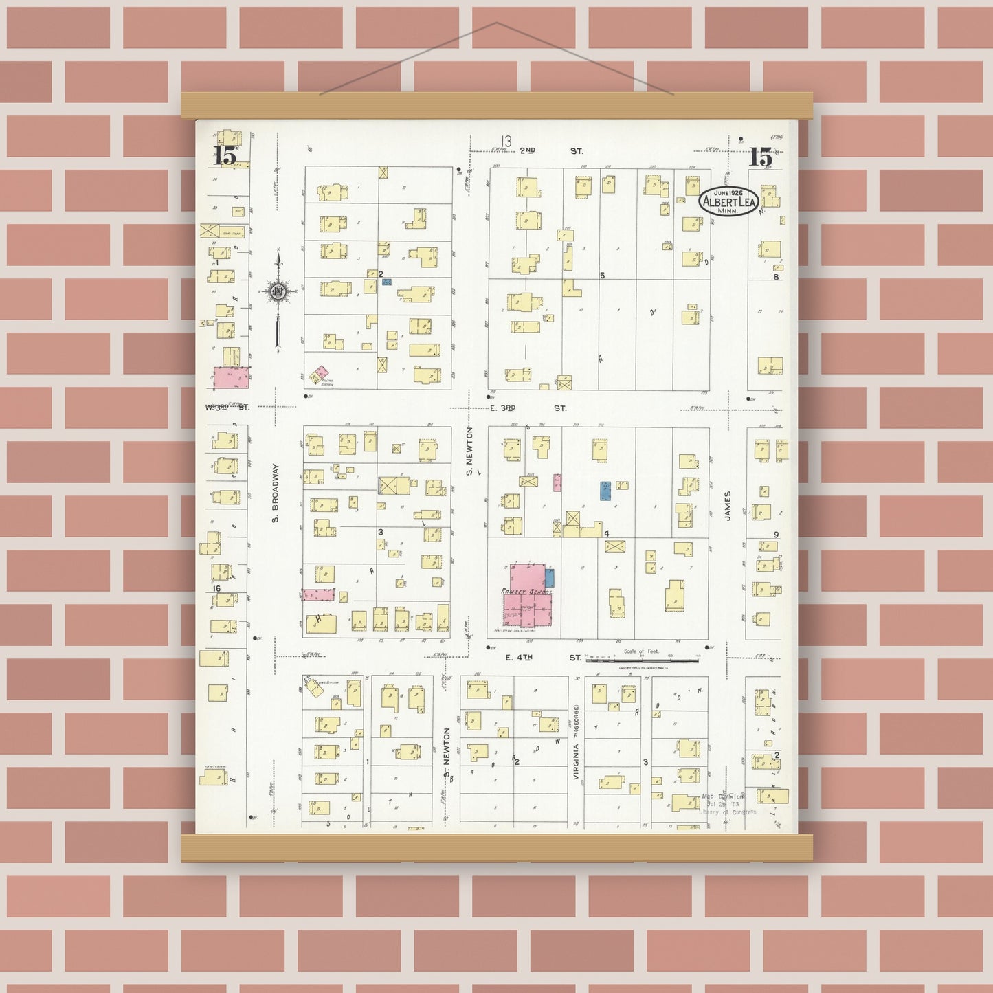 Old map wall art mockup — magnetic wood frame on brick wall — Sanborn Fire Insurance Map from Albert Lea, Freeborn County, Minnesota (1926), Sheet #0015