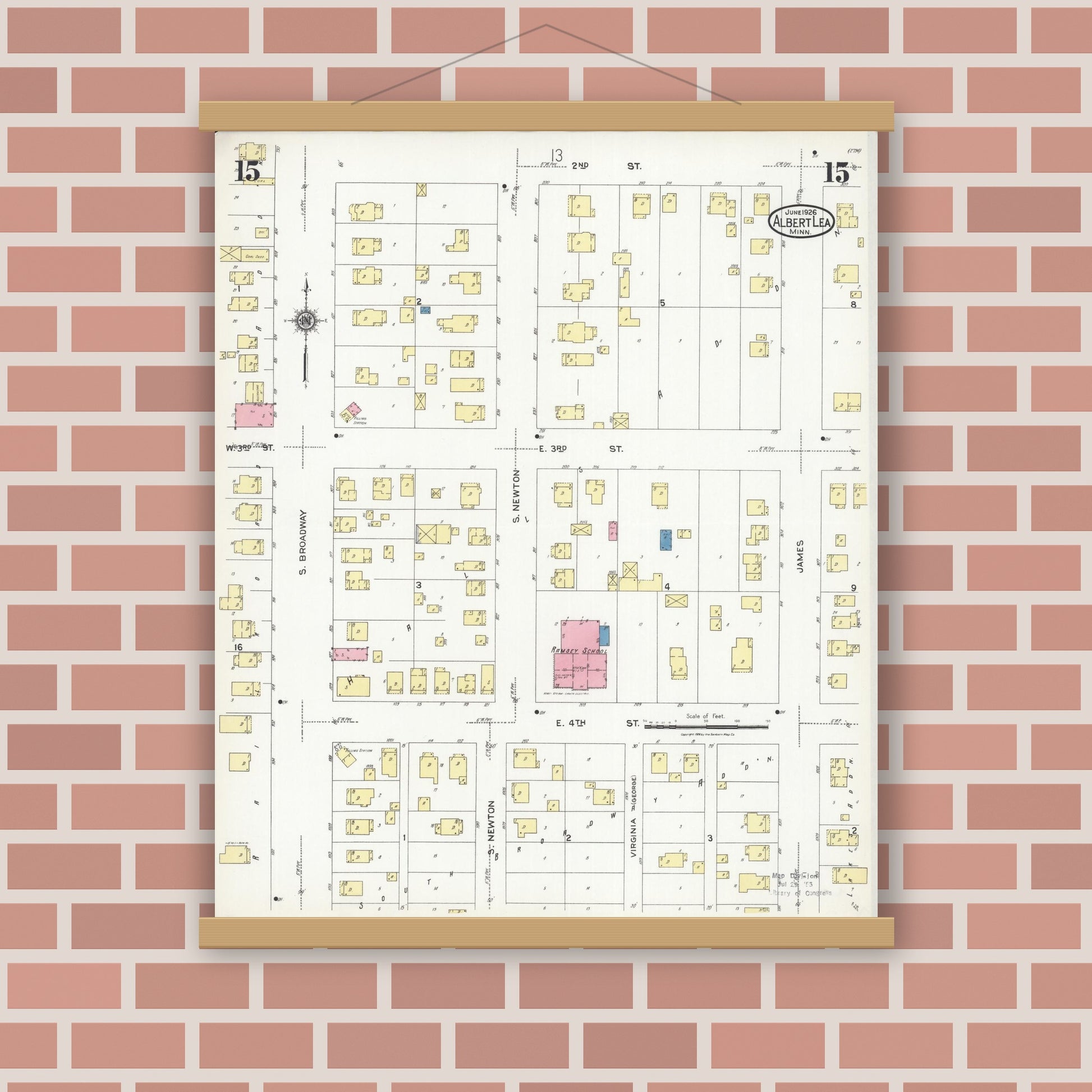 Old map wall art mockup — magnetic wood frame on brick wall — Sanborn Fire Insurance Map from Albert Lea, Freeborn County, Minnesota (1926), Sheet #0015