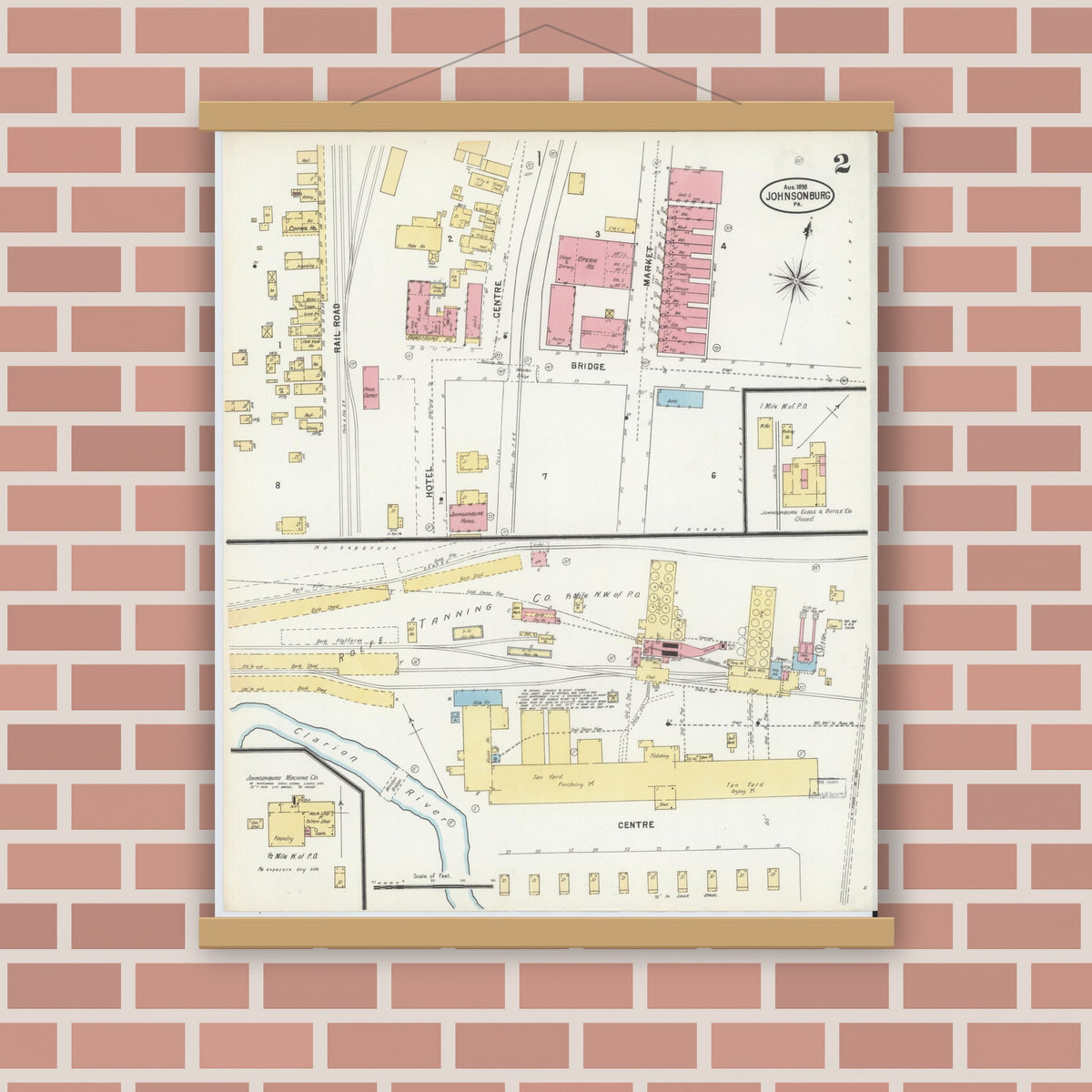 Old map wall art mockup — magnetic wood frame on brick wall — Sanborn Fire Insurance Map from Johnsonburg, Elk County, Pennsylvania (1898), Sheet #0002