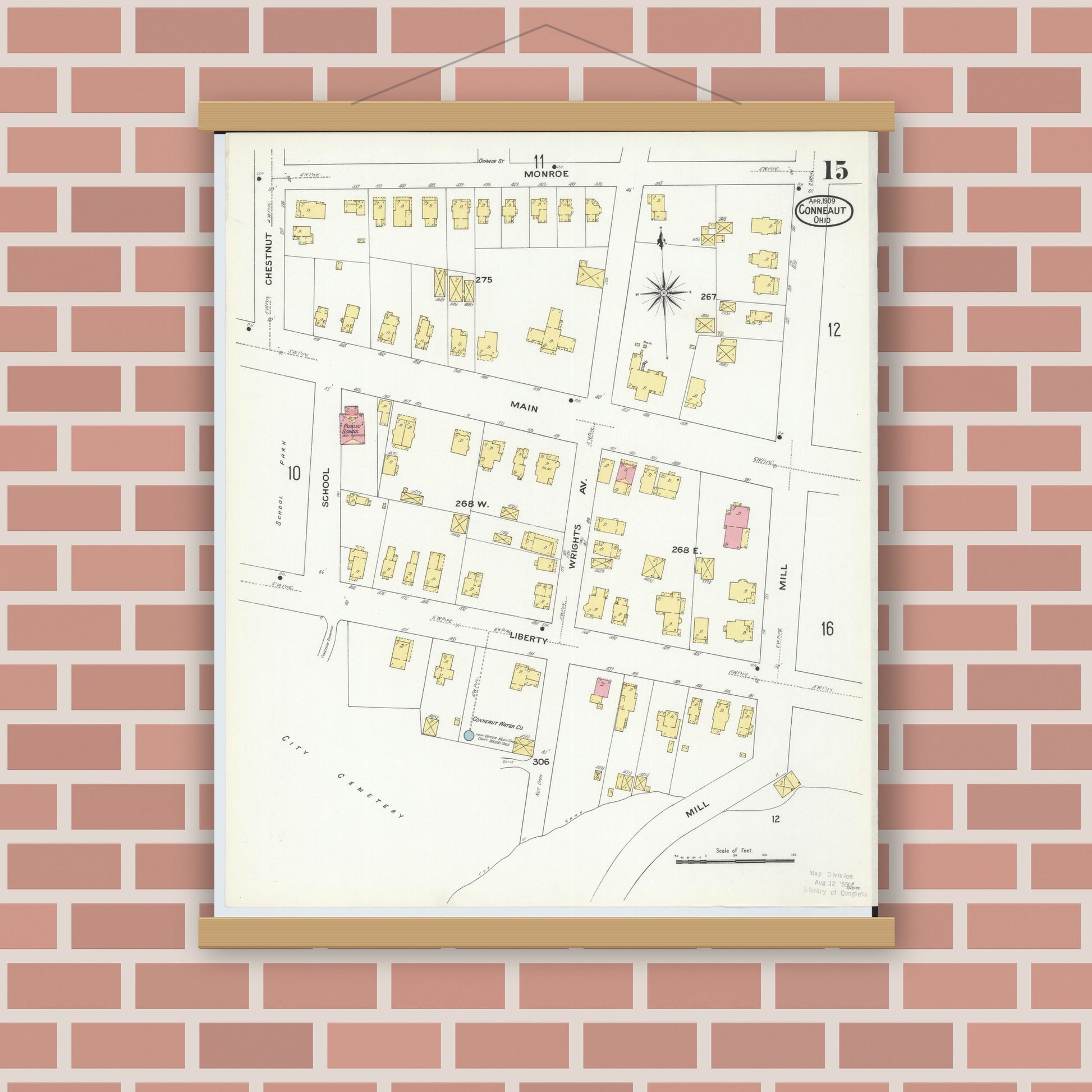 Old map wall art mockup — magnetic wood frame on brick wall — Sanborn Fire Insurance Map from Conneaut, Ashtabula County, Ohio (1909), Sheet #0015