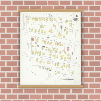 Old map wall art mockup — magnetic wood frame on brick wall — Sanborn Fire Insurance Map from Conneaut, Ashtabula County, Ohio (1909), Sheet #0015