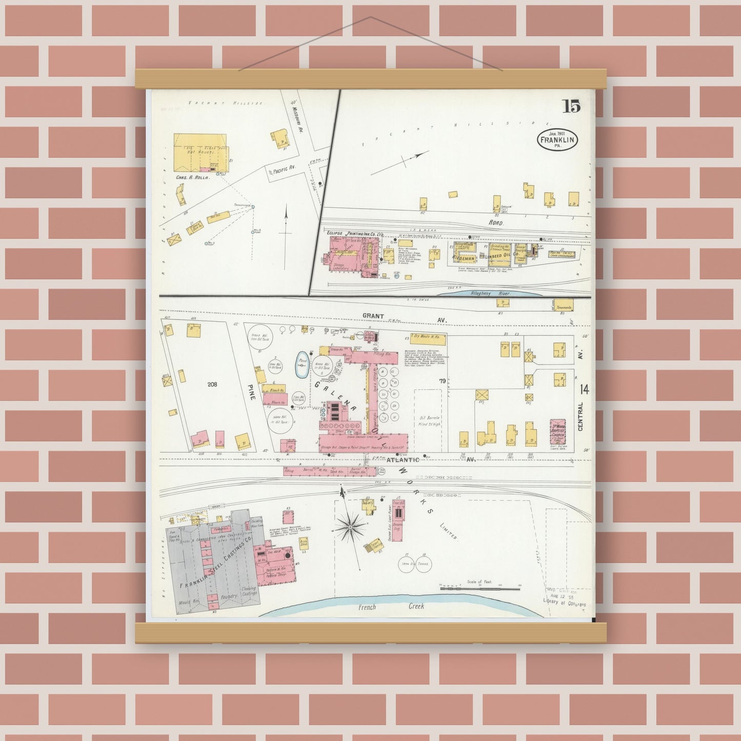 Old map wall art mockup — magnetic wood frame on brick wall — Sanborn Fire Insurance Map from Franklin, Venango County, Pennsylvania (1901), Sheet #0015