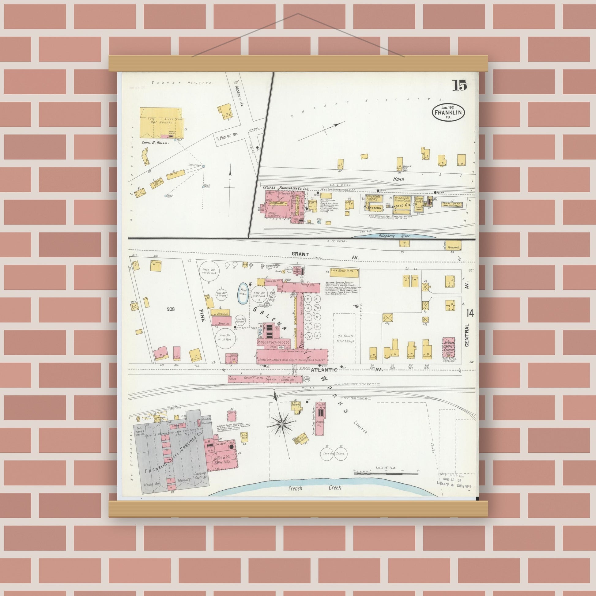 Old map wall art mockup — magnetic wood frame on brick wall — Sanborn Fire Insurance Map from Franklin, Venango County, Pennsylvania (1901), Sheet #0015