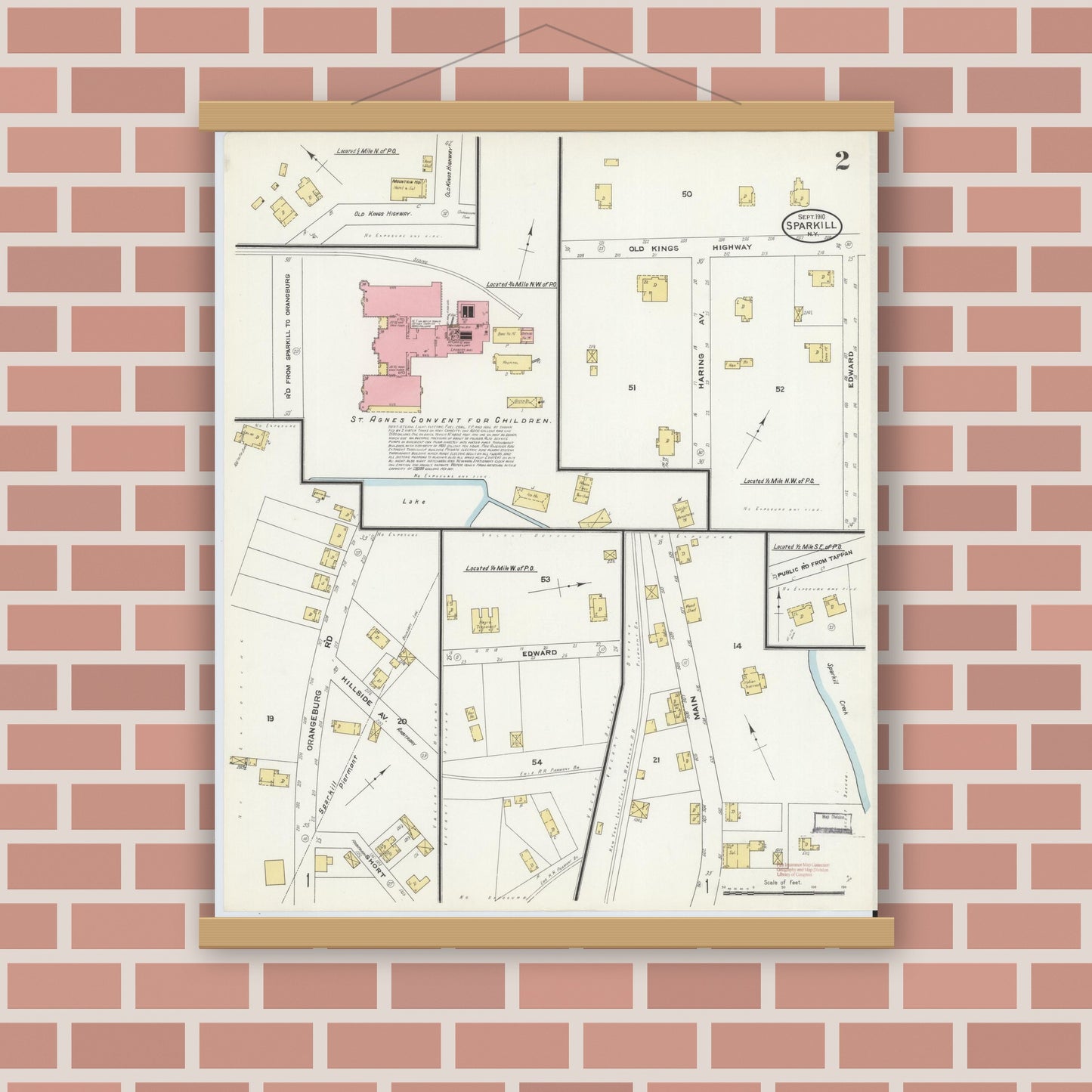 Old map wall art mockup — magnetic wood frame on brick wall — Sanborn Fire Insurance Map from Sparkill, Rockland County, New York (1910), Sheet #0002